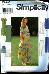 8008  SIMPLICITY MATERNITY  PULLOVER FLARE TIE DRESS, BOTTOMS, TOP PATTERN 20-24 OR 9-12 CHOICE UNCUT